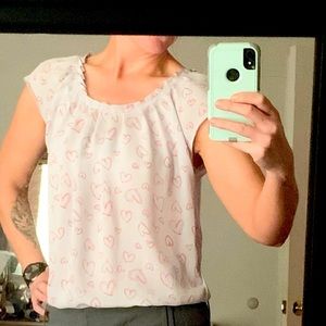 Lauren Conrad Sleeveless Blouse, soft baby blue with pink hearts, Size Med